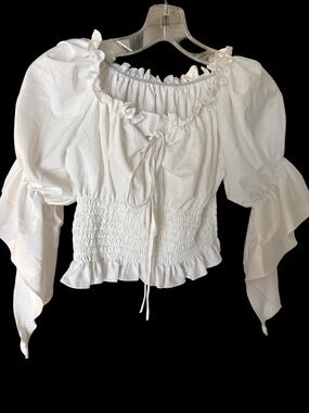 White Smocked Peasant Blouse -boho top small